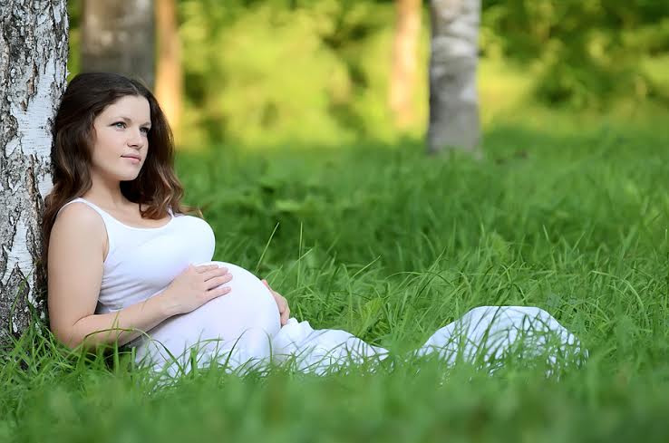 The pregnant woman in summer on grass