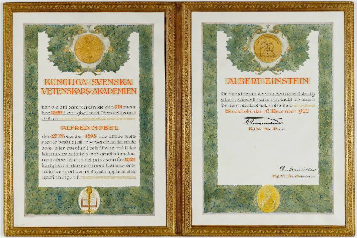 A copy of Einstein's Nobel Prize in Physics, 1921.