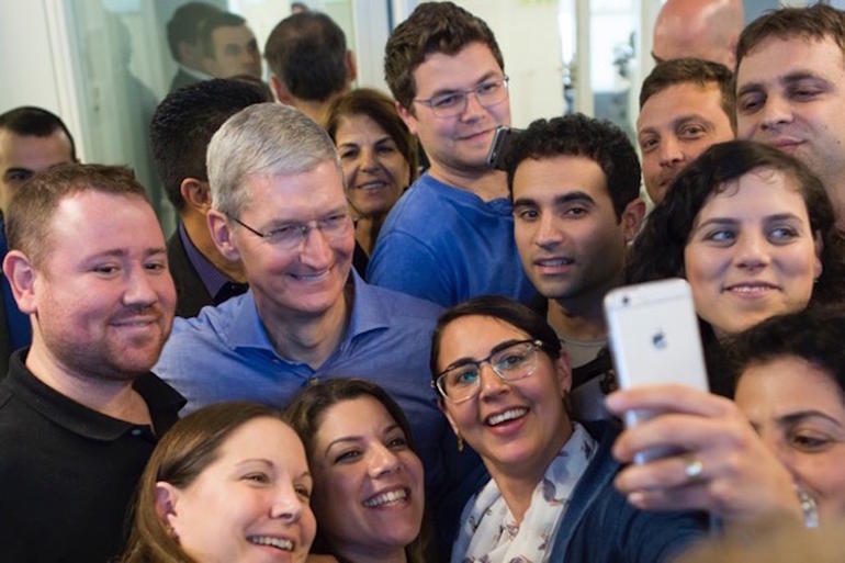 Apple CEO Tim Cook during his visit to the company's new R&amp;D center in Israel in 2015, courtesy