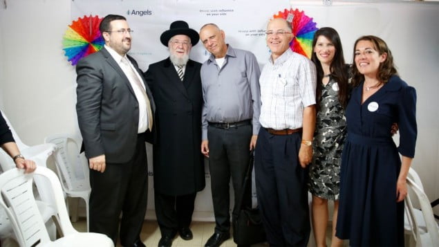 Left to right: KamaTech CEO Moshe Friedman; Tel Aviv-Yafo Chief Rabbi Yisrael Meir Lau; investor Dov Moran; iAngels Chairman David Assia; iAngels Founding Partner Mor Assia; and iAngels Head of Partnerships &amp; Legal Lilach Danewitz. Courtesy 