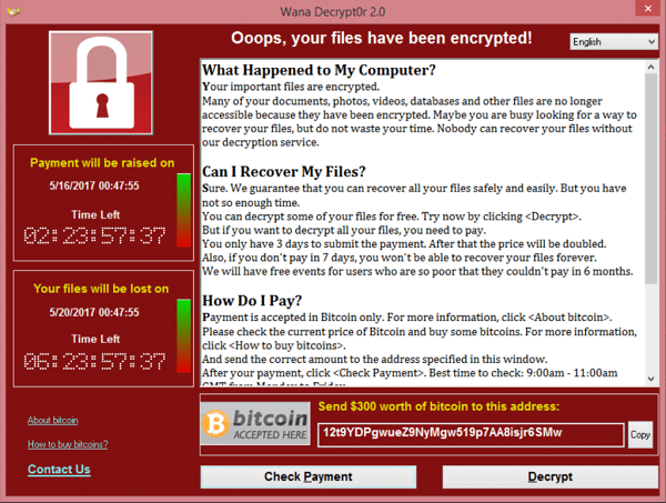 WannaCry ransom-ware screenshot