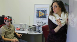 Technion's Dr. Oz Levinkron (left) wears the eyelid device developed by researcher Adi Hanuka (right) and team. Courtesy