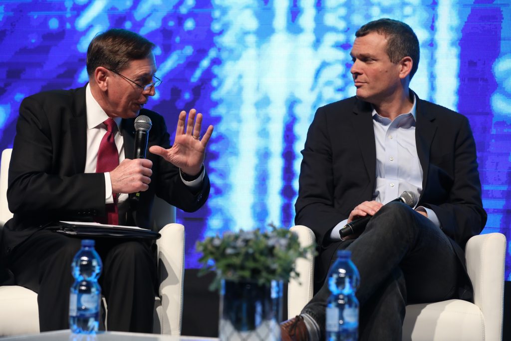 Former CIA Director David H. Petraeus, left, and Team8 CEO and co-founder Nadav Zafrir at CyberTech TLV 2018, January 30, 2018, Photo by Gilad Cavalerchic