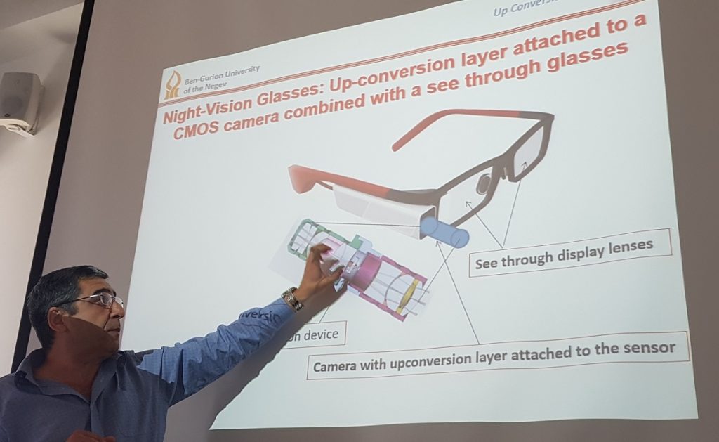 Ben-Gurion University researcher Prof. Gabby Sarusi explains the infrared sensor technology he developed. March 2018. Photo by NoCamels