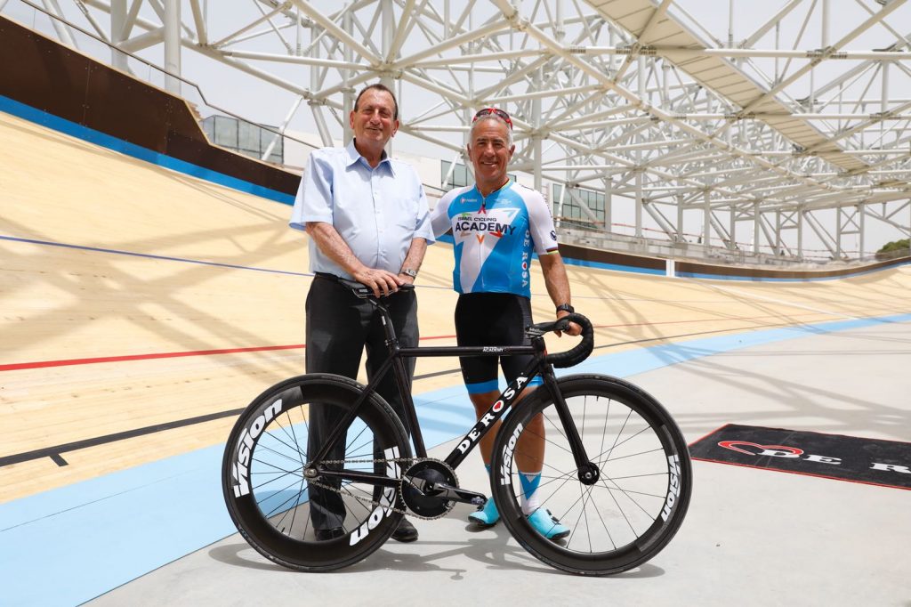 Tel Aviv Mayor Ron Huldai, left, with Sylvan Adams, at the Tel Aviv Velodrome, May 1, 2018. Photo by Guy Yehieli Stills