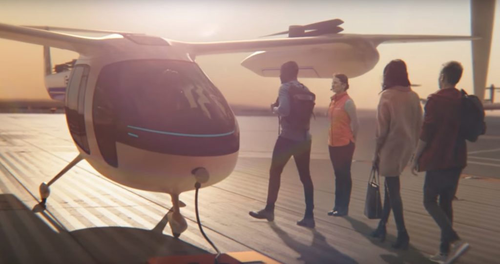 A screenshot from an Uber ad showing the possibilities for future urban air travel.