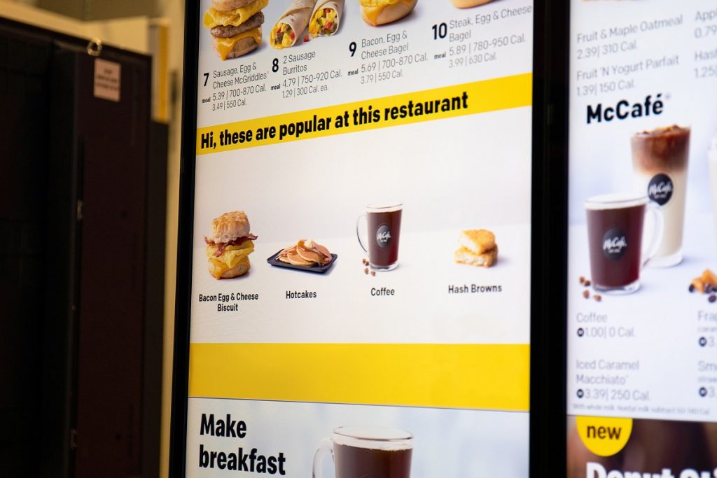 McDonald’s drive-thru digital menu board shows restaurant-specific popular items, based on the learnings of the decision logic technology. Courtesy