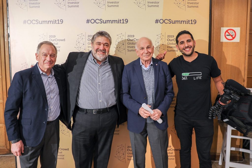 From left to right: Ron Fisher, President, Softbank Holdings, and Vice Chairman, Sprint; OurCrowd founder Jon Medved, Daniel Kahneman, Nobel Laureate in economics and best-selling author; and Nuseir 'Nas' Yassin, Nas Daily Video Blogger and Entrepreneur.  Noam Moskowitz photography 