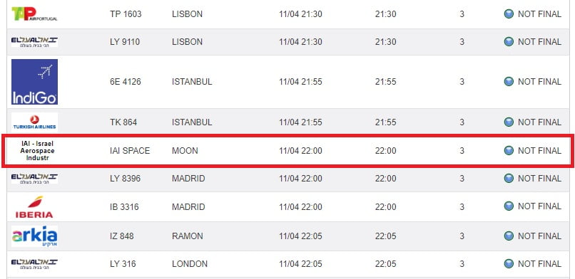 The IAA arrivals timetable showing the expected moon landing. Screenshot