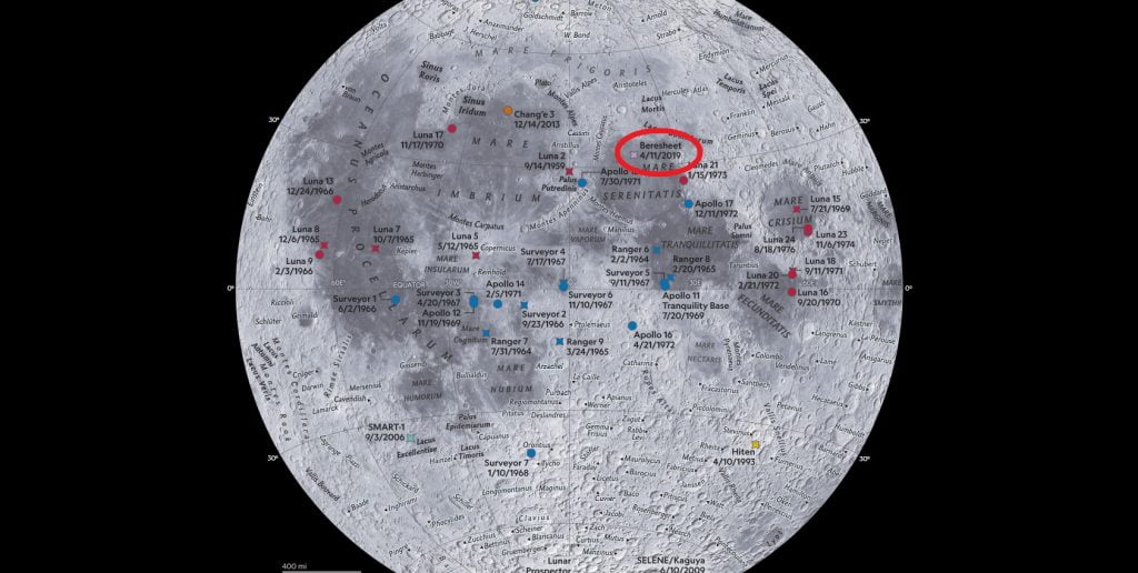 A screenshot of the National Geographic Moon map showing Israel's Beresheet spacecraft as a purple dot.