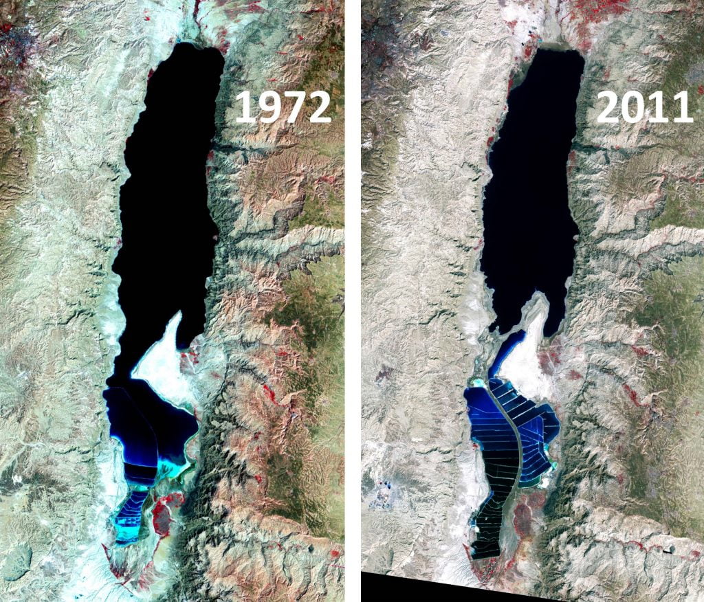 Satellite images of the Dead Sea taken in 1972 and 2011, showing how much water levels have dropped since Israel and Jordan began diverting much of the freshwater entering the Dead Sea. Credit: NASA