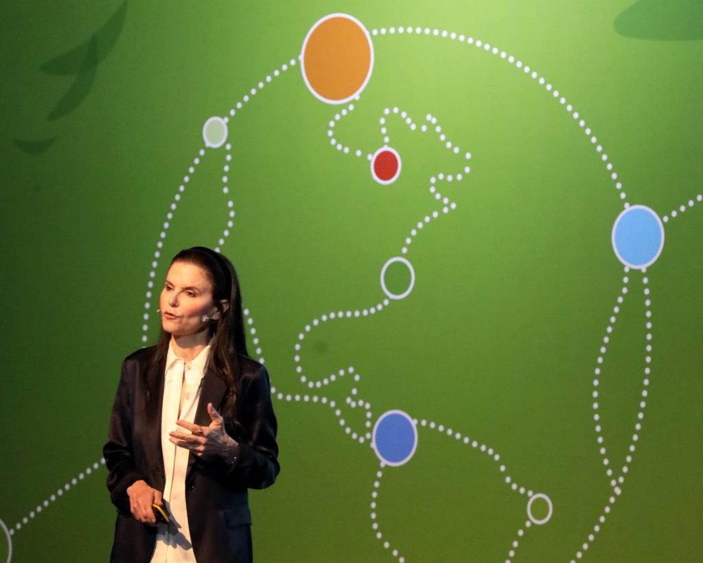 Ofra Strauss speaking at the FoodTechIL 2019 event in Tel Aviv. Photo by Sivan Faraj