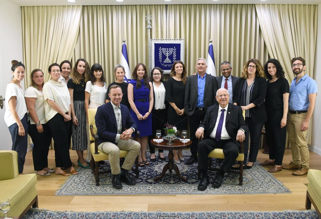 President Rivlin with representatives from the Bloomberg Foundation, the Ministry of Interior, and the Peres Center for Peace and Innovation in Jerusalem, September 3, 2019. Photo by Mark Neiman/GPO