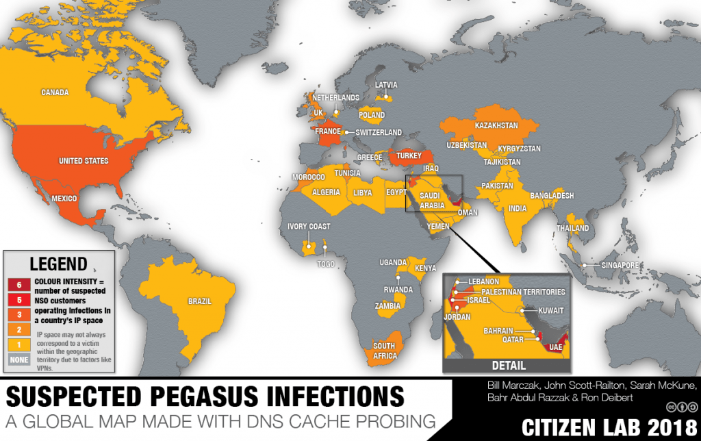 A 2018 map of suspected NSO Pegasus infections released by Citizen Lab.