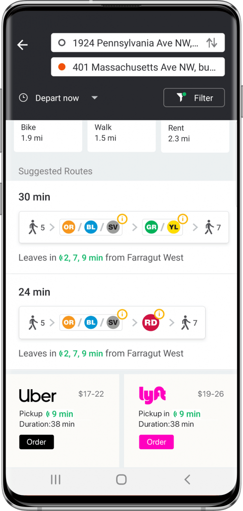 Moovit's app on Android showing Uber and Lyft options. Courtesy
