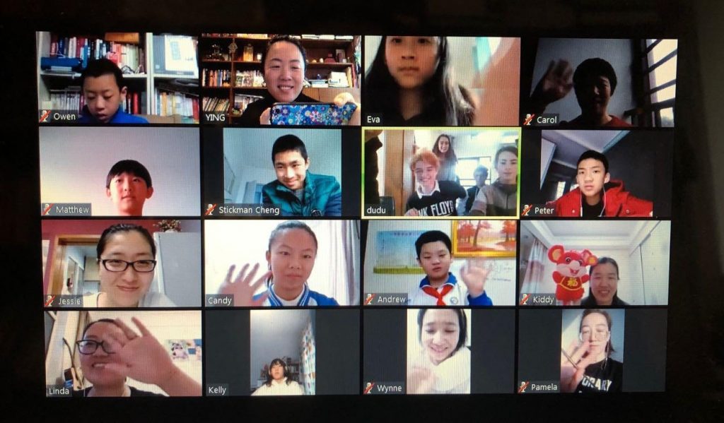 A photo provided by Yaacov Hecht showing a group of Israeli and Chinese pupils on Zoom for a learning initiative. Courtesy