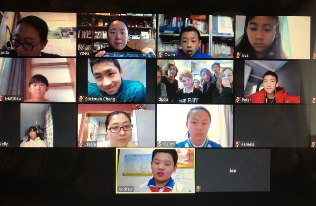 A photo provided by Yaacov Hecht showing a group of Israeli and Chinese pupils on Zoom for a learning initiative. Courtesy