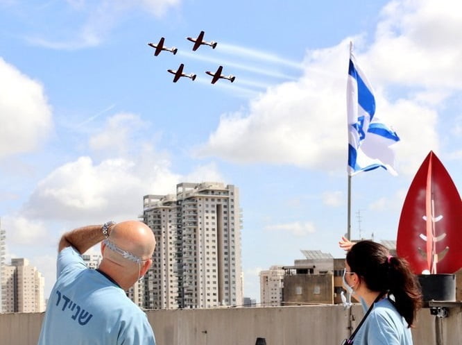 Medical staff at Schneider Children's Medical Center in Petah Tikva watch the Independence Day flyover on Israel 72nd Independence Day, April 29, 2020. Photo: Health Ministry via Telegram
