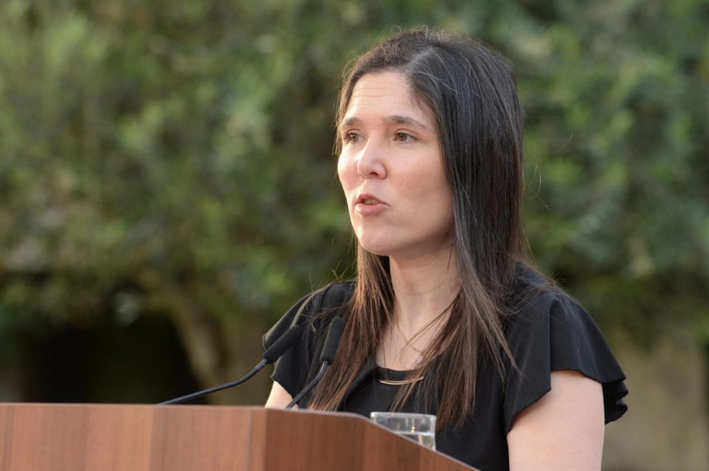 Lily Ben Ami, sister of the late domestic violence victim Michal Sela, speaks at the hackathon event battling domestic violence at the President's Residence in Jerusalem on May 20, 2020. Photo: Mark Neyman/GPO