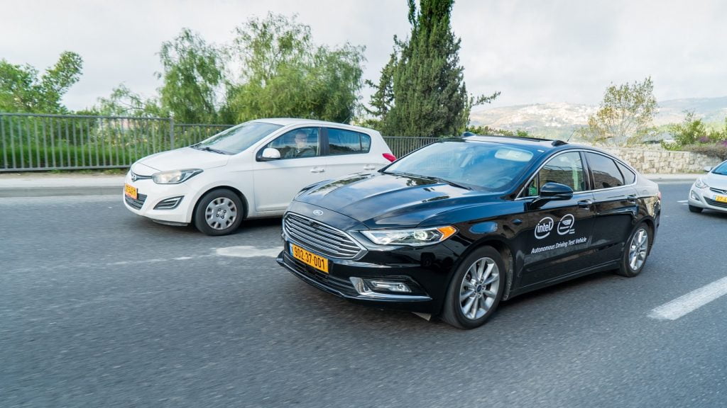A Mobileye autonomous vehicle maneuvers through traffic in Jerusalem in December 2018. Mobileye, an Intel company, is the leader in assisted driving and a pioneer in the use of computer vision technology to save lives on the road. The company, based in Jerusalem, became part of Intel in 2017. Credit: Mobileye