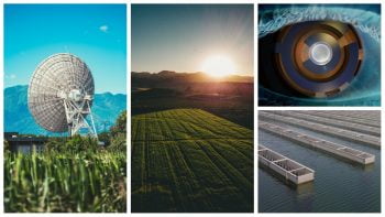 Illustrative photos of a satellite, a farm, a cyborg eye and a water treatment plant. Photos via Unsplash and Pixabay