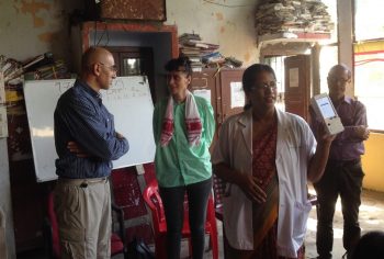 Yoel Ezra (left) representing EfA in India as part of a Pears Challenge delegation in August. He is presenting RevDx to a rural clinic in Assam. The clinic worker (second from right) is showing a RevDx model. Photo credit: Courtesy of EfA