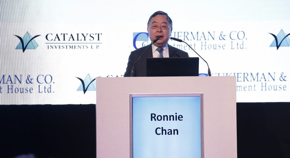 Ronnie Chan speaking at the GoForIsrael event in Tel Aviv, March 5, 2018. Courtesy