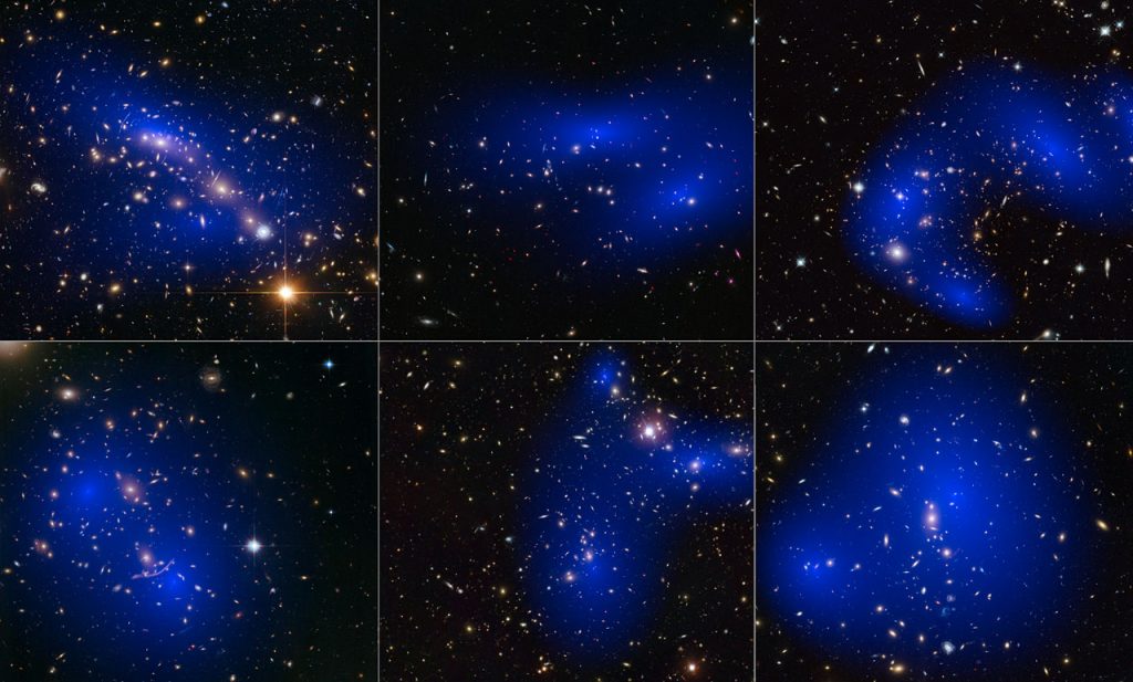 This collage shows NASA/ESA Hubble Space Telescope images of six different galaxy clusters. The clusters were observed in a study of how dark matter in clusters of galaxies behaves when the clusters collide. Wikimedia