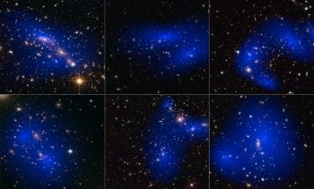 This collage shows NASA/ESA Hubble Space Telescope images of six different galaxy clusters. The clusters were observed in a study of how dark matter in clusters of galaxies behaves when the clusters collide. Wikimedia