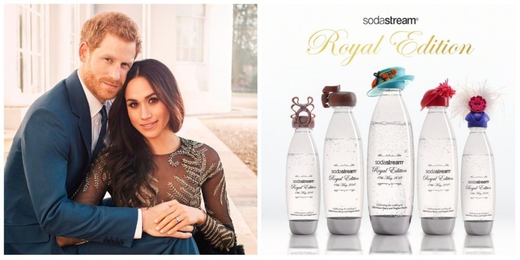 This image a collage of one of the official photographs of Prince Harry and Meghan Markle from their engagement, by Alexi Lubomirski, and a photo of SodaStream's royal edition bottles, by PRNewsfoto/SodaStream.