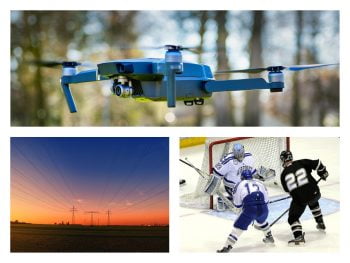 Illustrative photos of a drone, a power line, and ice hockey. Photos via Pixabay.
