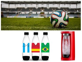 A soccer ball, courtesy of Pixabay, top, and the special-edition FIFA bottles, courtesy, bottom.