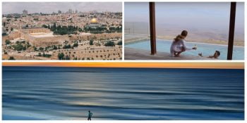 In the top left is a photo of Jerusalem as seen from the Mount of Olives. On the right is a screenshot from the a video showing the Beresheet hotel On the bottom is a photo of a Tel Aviv beach. Photos via Unsplash