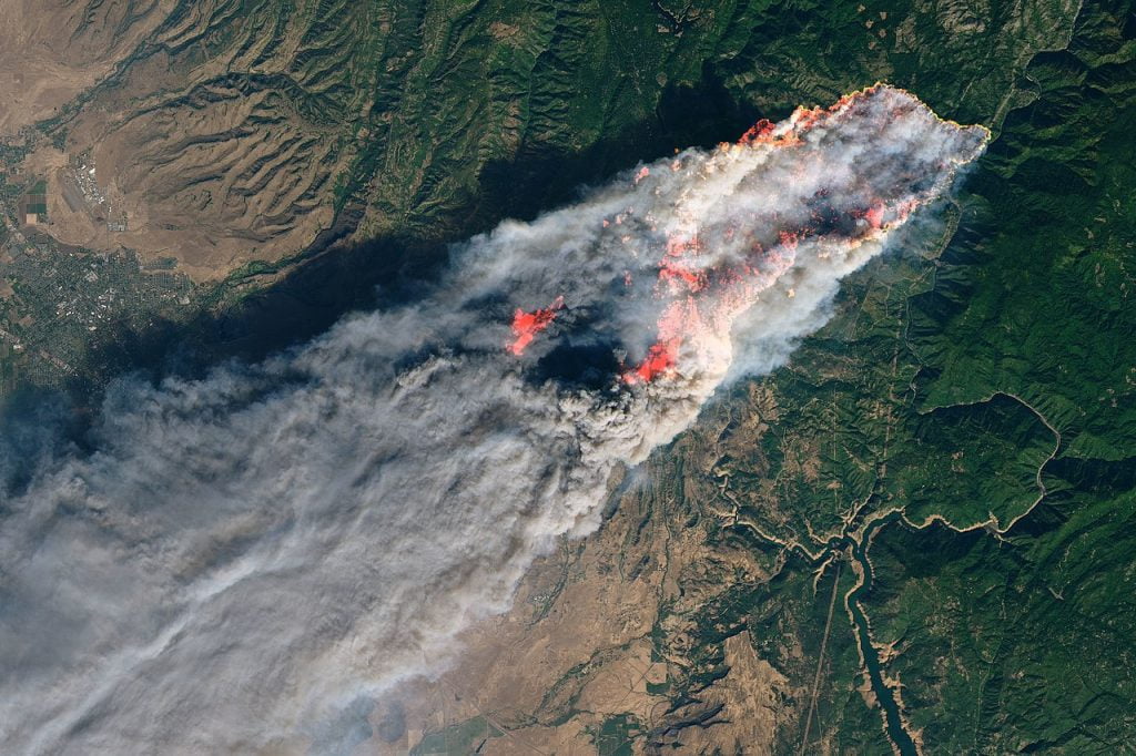 The Camp Fire in Northern California as seen from the Landsat 8 satellite on November 8, 2018. Photo via Wikimedia