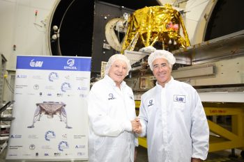 Morris Khan and Sylvan Adams at a tour of the IAI facilities where the SpaceIL spacecraft is being assembled, November 2018. Courtesy