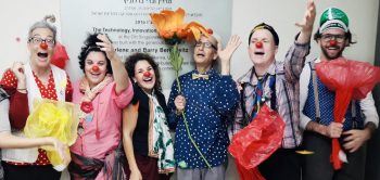 From left: Viva Sarah Press, Sarah Even Haim, Talia Safra, Moshe Cohen, Juval Ahron and Erez Hochman as educational clowns. Photo: Courtesy