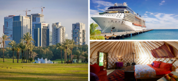 A view of Yarkon park, left; an illustrative photo of a cruise ship, top right; a luxury camping structure, bottom right. Deposit Photos