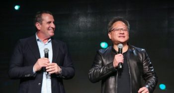 Mellanox's Eyal Waldman, left, with Nvidia's Jensen Huang in March 2019. Photo via Nvidia