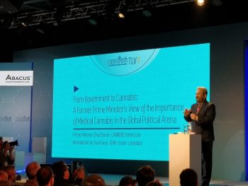 Ehud Barak speaking at CannaTech in Tel Aviv, April 1, 2019. Photo by Klara Strube