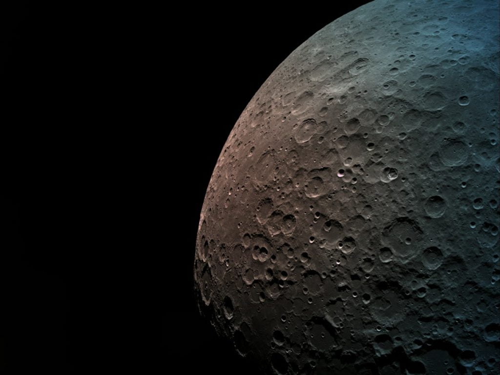 An image of the moon taken by the Beresheet spacecraft from a height of 550 km. Photo via SpaceIL and IAI