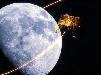 An illustration of the Beresheet spacecraft orbiting the moon. Photo via SpaceIL and IAI