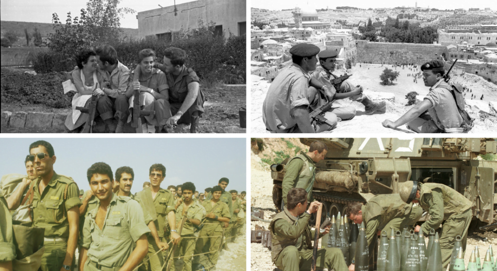 A composite image of four photographs from the National Library of Israel showing IDF soldiers during different military campaigns.