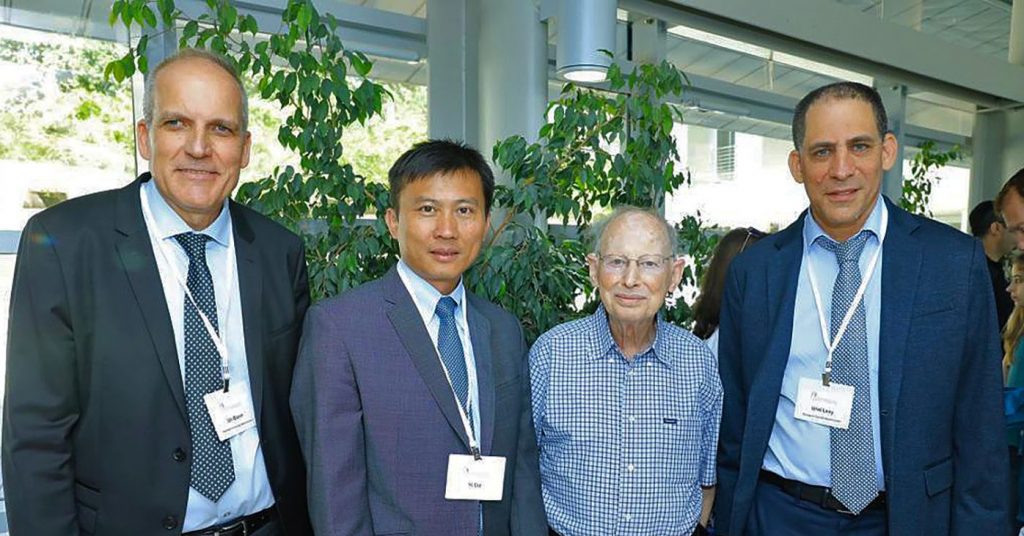 From left to right: Professors Uri Banin, Chair, former founding director of HUCNN, Yi Cui, Prize Laureate, Dr. Dan Maydan, and Uriel Levy, Director of the Hebrew University Center for Nanoscience and Nanotechnology. Courtesy