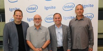 From left: Tzahi (Zack) Weisfeld, new head of Intel's Ignite program, Avner Goren, VP, Intel Architecture, Graphics and Software Group, Intel CEO Bob Swan, and Yaniv Garty, general manager of Intel Israel. Photo by Ezra Levy