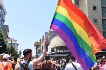 A person waving a pride flag at the annual Tel Aviv Pride Parade, June 14, 2019. Photo by Anjali Berdia