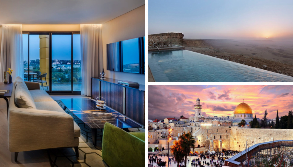 A combination image feature a room at the Inbal Hotel (photo via the Inbal Hotel Facebook page), a view from the Beresheet Hotel (photo via the Bereseheet hotel website), and a view of the Western Wall in Jerusalem (photo via Deposit Photos)