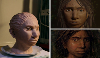 Left: A 3D reconstruction of a Denisovan head; top right and bottom right: portraits of a young female Denisovan. Photos by Maayan Harel