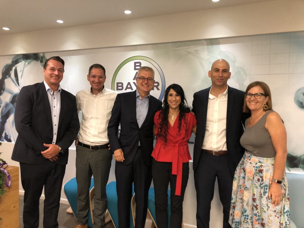 From left to right: Bayer Israel's Hugo Hagen, Dr. Berthold Hinzen, Bayer's head of BD&L Therapeutic Areas, Dr. Joerg Moeller, Bayer's Head Pharmaceuticals Research & Development, Invest in Israel's Ziva Eger, Aviad Tamir, Karina Rubinstein. Courtesy