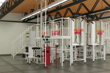 Future Meat Technologies' production facility used 1,200-liter stainless steel vessels to grow chicken, beef, lamb, or pork. Such facilities are no larger than a barn and can manufacture up to 2,000 kg of meat per month (equivalent to 1,000 chickens or 7 cows per month). Photo: Dudi Moskovitz
