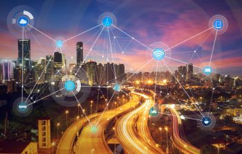 Cybersecurity tech: An illustration of connected devices across a smart city. Deposit Photos